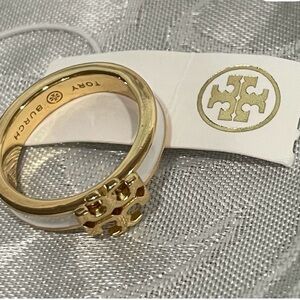 Tory Burch Gold and White Logo Band Ring Size 7.75 NWT